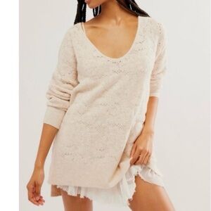 Free People Cream V-Neck Oversized Sweater